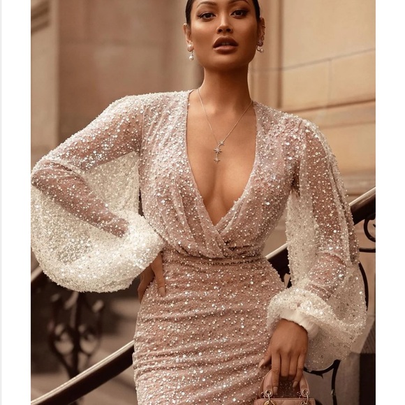 NADINE MERABI WHITE SILVER SEQUIN BEADED BALLOON LONG SLEEVE v-neck MAYA DRESS - Picture 6 of 14